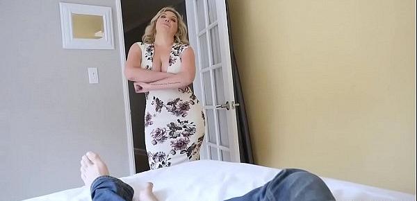 Blonde busty MILF Kiki Daire is starving for some cock so she went to her stepsons room and start to swallow his huge meaty dick.